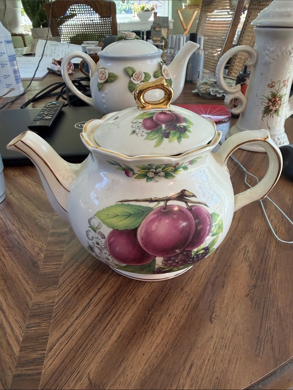 Sandler White Ceramic Teapot with Plum Motif and Gold Accent